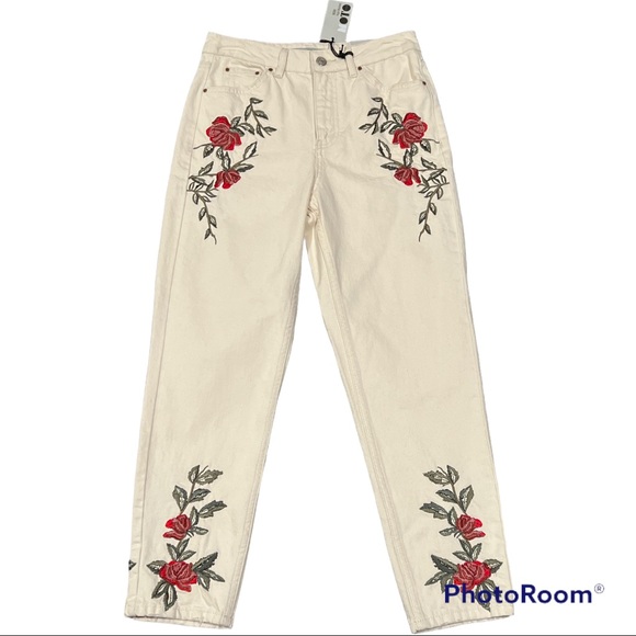 NEW NWT Topshop Moto rose embroidered high waisted cropped Mom jeans 26 - Picture 2 of 4